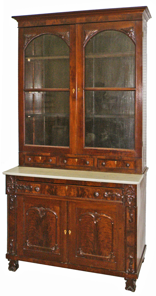 Circa-1825 American secretary from Baltimore, walnut with fruitwood-veneer drawers, 90 inches tall, fine condition. Mosby & Co. image